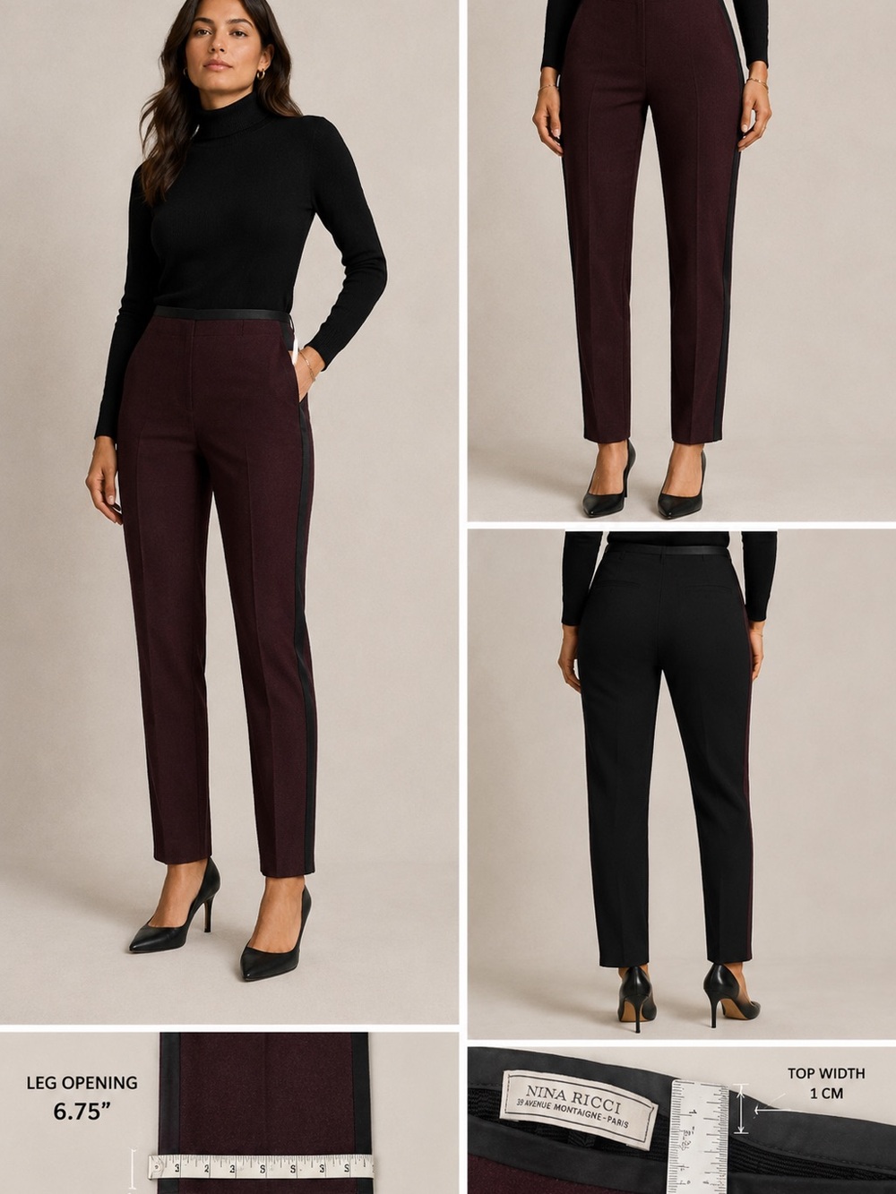Nina Ricci Paris Wool Colorblock Plum Black Straight Leg Pants 38 / US 6 EUC